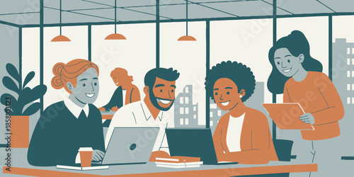 Diverse Business Team Collaborating on Innovative Projects in a High-Tech Modern Office Space Illustration