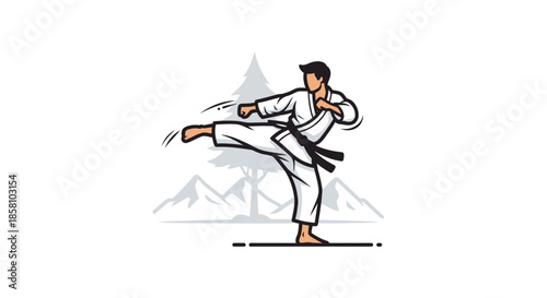 Illustrated Male Martial Artist in White Gi with Black Belt Performing a Dynamic Kick.