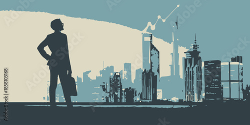 Business Vision Illustration Showing a Professional Looking Towards the Future of Global Markets and Success