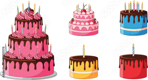 Birthday cake vector collection with colorful icing candles and chocolate drip designs in flat cartoon illustration style