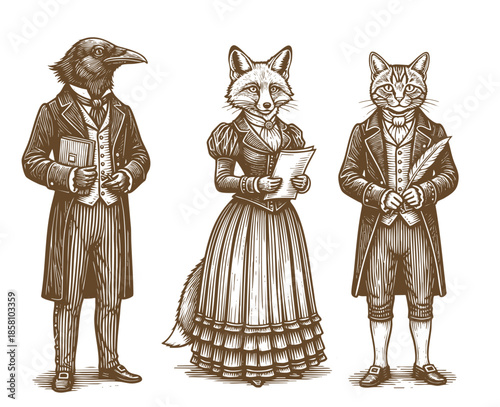 human with animal head Victorian-era attire. Human and animal characteristics in quirky, eccentric style. Perfect for fantasy art, steampunk, surreal concept designs