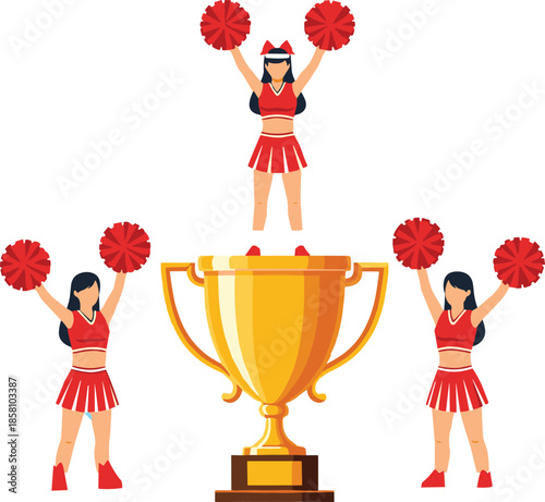 Cheerleader team celebrating victory with trophy illustration showing success achievement and competition win isolated on white background