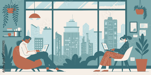 Conceptual illustration of remote work culture with diverse people working on computers from various locations and comfortable spaces