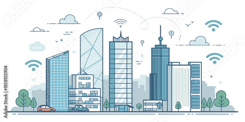 Innovative smart city concept illustration featuring modern sustainable buildings, digital networks, and eco-friendly urban infrastructure