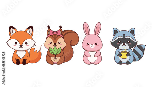 Cute kawaii forest animal characters vector set with fox squirrel bunny and raccoon in adorable flat cartoon style