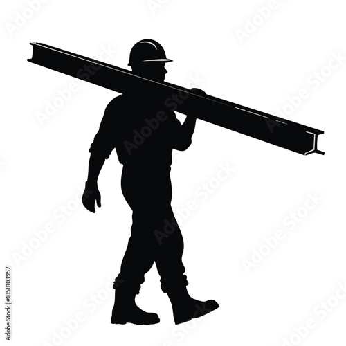 Worker carrying metal beam construction worker silhouette.