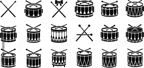 Black-and-white silhouette icons of drums and drumsticks in varied styles with decorative elements and crossed sticks