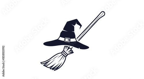 Classic Witch Hat and Broomstick Halloween Symbol Illustration.