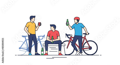 Casual gathering of male friends with drinks and a bicycle flat illustration style.
