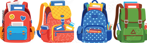 Collection of Colorful School Backpacks and Rucksacks Filled with Educational Supplies Books and Stationery for Students Returning to Classes and Learning