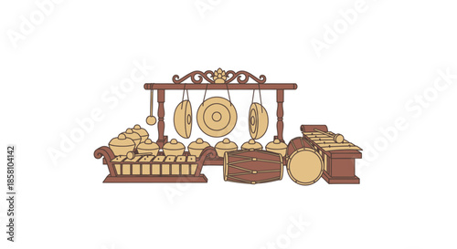 Gamelan Ensemble: Traditional Indonesian Musical Instruments with Gongs and Metallophones.