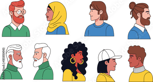 Diverse people profile portraits vector set with men and women head side views in modern flat illustration style