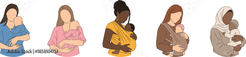 Diverse mothers holding babies vector illustration set showing motherhood bonding childcare and babywearing in flat minimal style