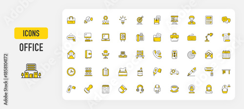 Set of Office vector. Laptop Bag, Solution, Management, Idea Generation, Dartboard Target, Document, Presentation, Businessman, Calculator, Chat, Click, Computer, Laptop, Drawer, Fax illustration. 