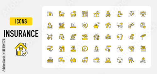 Set of Insurance vector. Commercial Auto Insurance, Renter, Tenant, Personal Injury, Aviation, Liability, Workers Compensation, Cyber, Income Protection, Marine, Saving Lives illustration. 