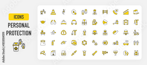 Set of Personal Protection vector. Disposal, Fall Protection, Anti Virus Shield, Cpr, Glove, Security Guard, Vlc Player, Safety Barrier, Emergency Phone, Safety Boots, Face Mask, Goggle illustration. 