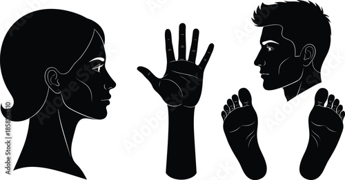 Black silhouette icons of human body parts including male and female heads, hand, and feet with anatomical detail