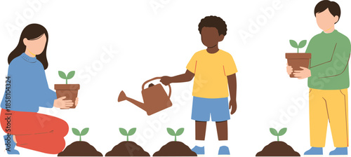 Family gardening together illustration with parents and children planting seedlings outdoor in flat style isolated on white background