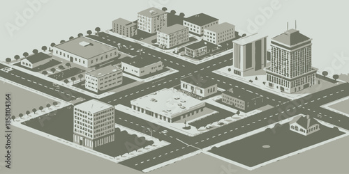 Modern Urban Planning Illustration Showing Organized City Buildings with Smart Infrastructure and Blue Architectural Elements
