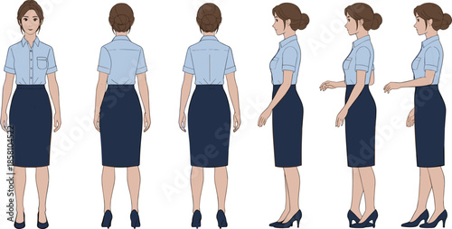 Tableau sur toile Female office worker character turnaround vector illustration showing front, back, and side views in professional business attire