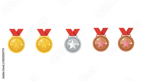Gold silver and bronze award medal icons vector set with red ribbons and star symbols in flat style