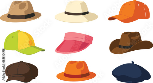 Hat collection illustration set featuring different styles including fedora cap cowboy and beret in flat design isolated on white background
