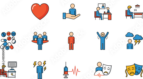 Healthcare and mental health flat icon vector set with medical treatment consultation diagnosis and emotional wellbeing symbols