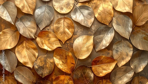 Metallic leaves artfully arranged, gold and silver hues on a textured surface