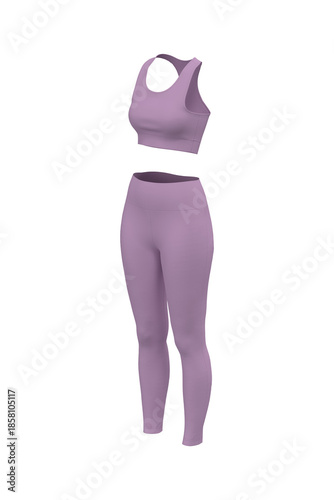 Women’s Racerback Sports Bra and Leggings Gym Wear Set. Front, side and back view. 3d rendering, 3d illustration