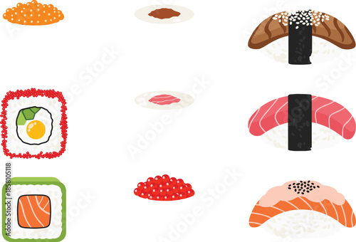 Japanese sushi and nigiri food vector set with rice fish roe and traditional ingredients in flat illustration style