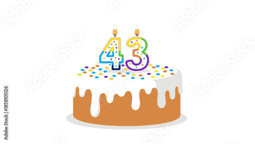 Illustration of a brown cake with white icing and colorful sprinkles featuring 43 candles on top against a clean white background.