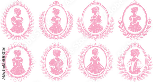 Pink silhouette portraits of vintage women in ornate oval frames with floral motifs and historical attire