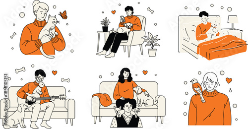 People enjoying cozy home life with pets vector illustration set showing love care and everyday activities in flat style