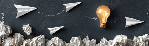 Paper airplanes and crumpled paper leading to an idea light bulb