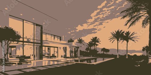 Modern Luxury Villa Exterior with Landscaped Garden and Swimming Pool, Real Estate Illustration