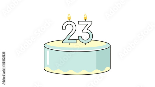 A simple illustration of a teal frosted cake with a yellow base and two lit candles forming the number 23 on top against a plain white background.