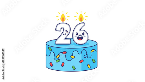 A cartoon-style blue birthday cake with colorful sprinkles and a '26' candle on top against a clean white background.