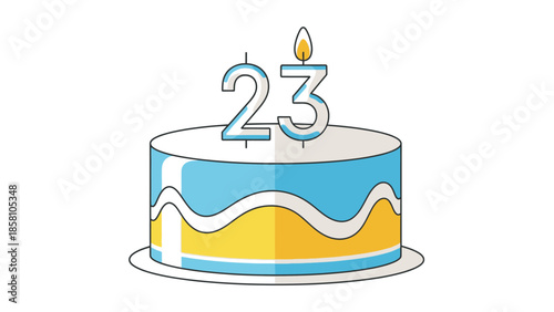 Illustration of a yellow, blue and white birthday cake with a lit candle forming the number 23 on top against a clean white background.