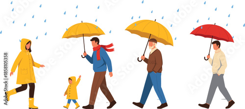 People walking in rainy weather with umbrellas vector illustration showing autumn rain season family lifestyle in flat style
