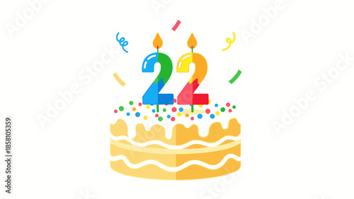 Flat design illustration of a birthday cake with colorful candles and sprinkles on a white background.