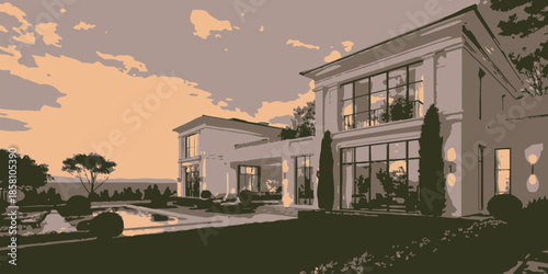 Contemporary Luxury Mansion Exterior Design with Sleek Architecture and Lawns, Real Estate Illustration