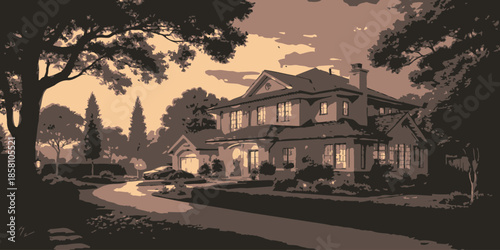 Modern Residential House with Large Glass Windows and Contemporary Design Illustration