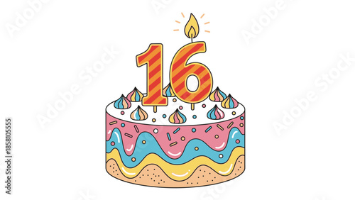 Colorful cartoon birthday cake with a lit candle on top of the number 16 against a plain white background.