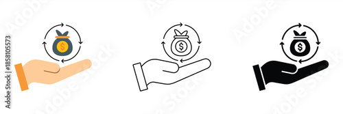 Financial management concept icon featuring a hand holding a money bag with a circular arrow, symbolizing investment, savings, and economic returns for business and personal finance applications