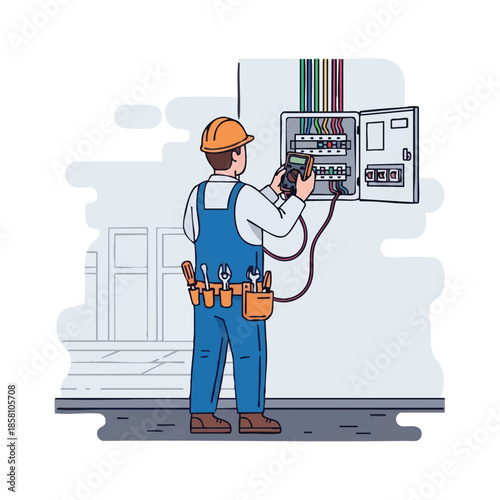 Electrician testing electrical panel with multimeter.