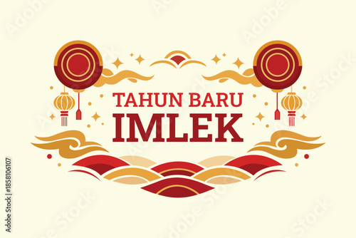 Beautiful tahun baru imlek design with festive lanterns, clouds, and stars in red and gold