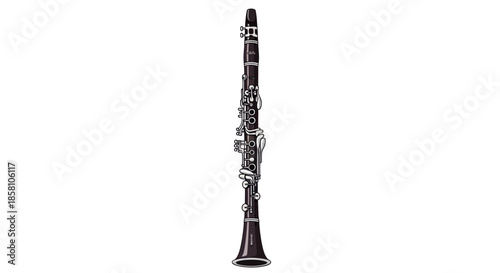 A detailed view of a black wooden clarinet with silver keys and a flared bell.