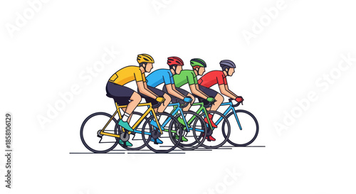Five Colorful Cyclists Racing on Bicycles in a Line Illustration.