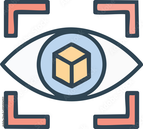 Eye scanning a 3D cube within a focus frame, symbolizing virtual reality and digital technology