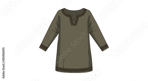 Simple Long-Sleeved Tunic with Decorative Neckline and Cuffs.